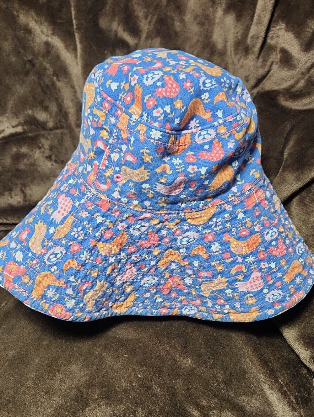 Womens  Sun Hat in Blue with Orange & Pink Chick Pattern, Reversible. Denim